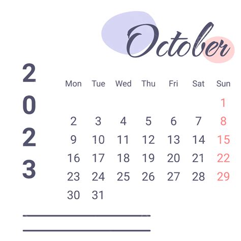 October Calendar Vector Art Png Purple October 2023 Calendar With Note