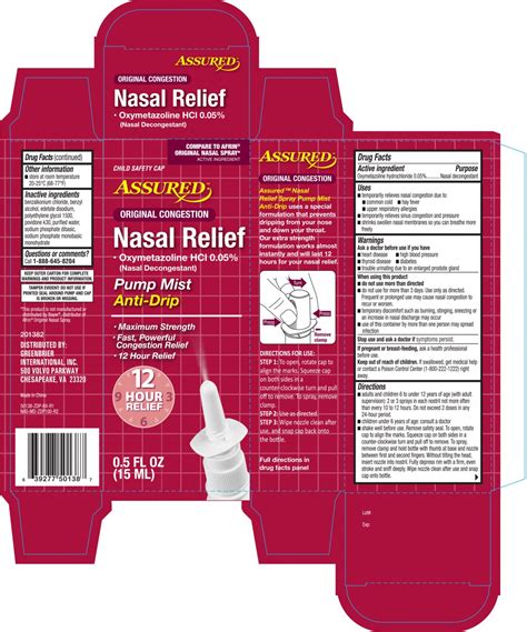 Assured Original Congestion Nasal Relief Spray Pump Mist Anti Drip 05 Fl Oz