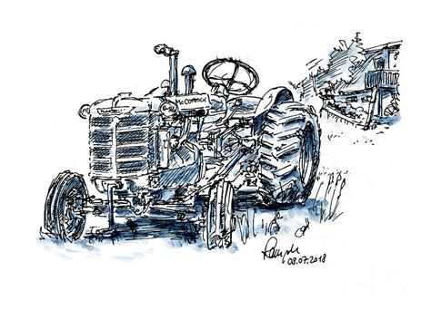 Antique Mccormick Tractor Ink Drawing And Watercolor Drawing By Frank