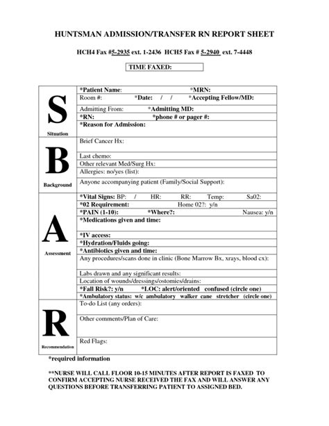 Med Surg Nursing Assessment Huntsman Sbar Report Sheet Throughout