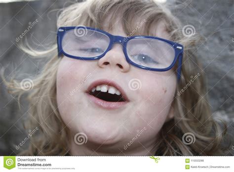 Young Nerdy Girl With Glasses Aged 3 5 Blonde Hair Blue Eyes Preschooler Portraits Stock