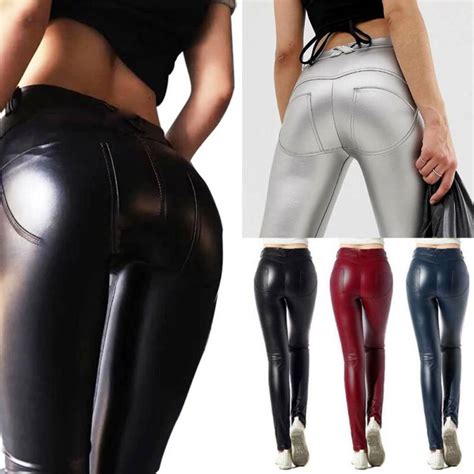 Womens Pu Leather Pants Stretchy Hip Push Up Skinny Tight High Waisted