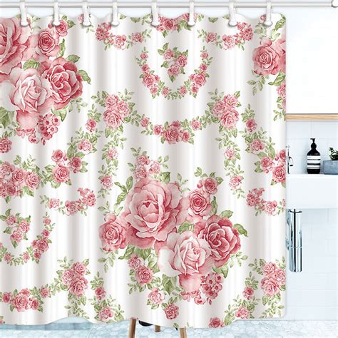 Shower Curtain Pink Roses Flower Bath Set Vine Pattern Waterproof Non