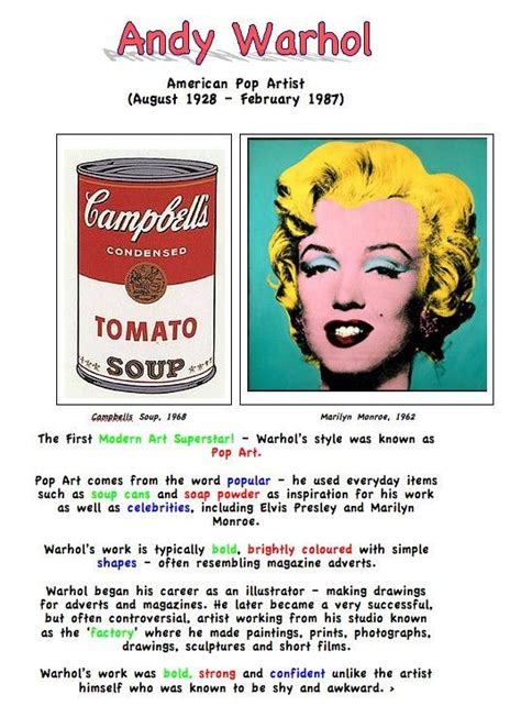 Warhol Fact Sheet Warhol Art Andy Warhol Art Andy Warhol Pop Art