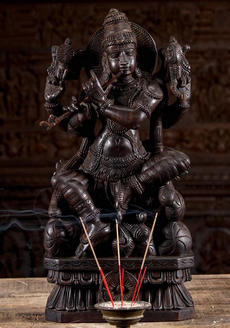 Sold Wooden Seated Krishna Playing The Flute 24 97w2x Hindu Gods