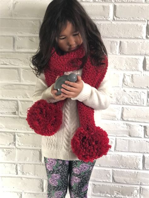 Little Girls Scarf With Oversized Pom Poms Ruby Red Scarf For Etsy