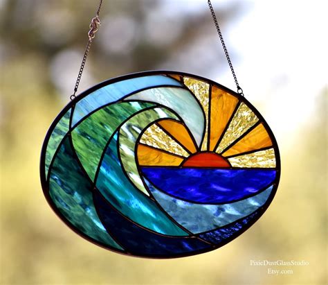 Stained Glass Suncatcher Ocean Wave At Dawn Oval Shaped Etsy