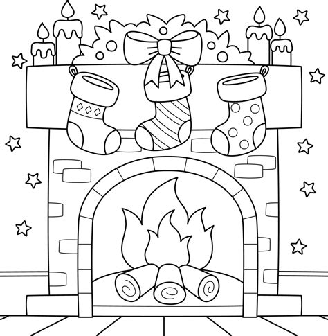 Christmas Fireplace With Stocking Coloring Page 8822711 Vector Art At