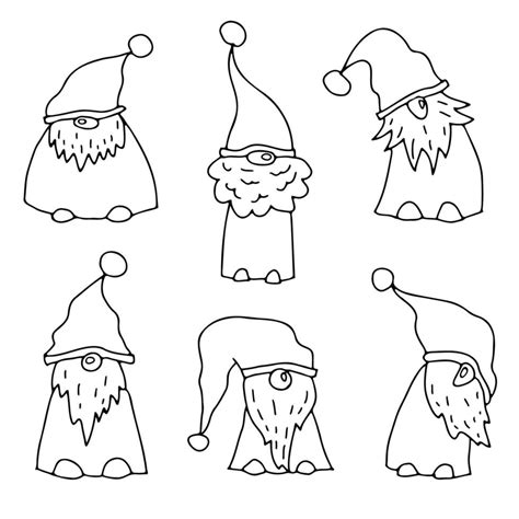 Set Of Little Gnomes Silhouettes Black Ink Hand Drawn Outline Simple