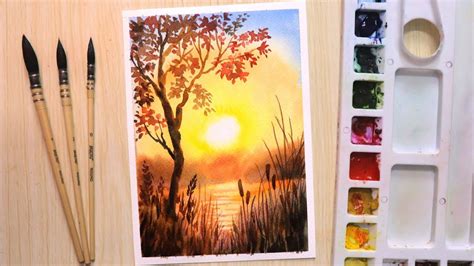 Work fast before your watercolor paint dries. Watercolor painting for beginners beautiful sunset and tree - YouTube