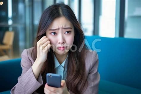 スマホを見て落ち込む女性会社員 No 26654309｜写真素材なら「写真ac」無料（フリー）ダウンロードok