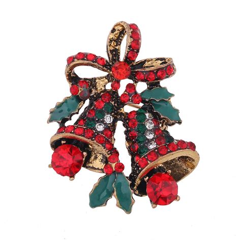 new vintage red rhinestone bowknot christmas bells brooch pins for women alloy enamel lapel