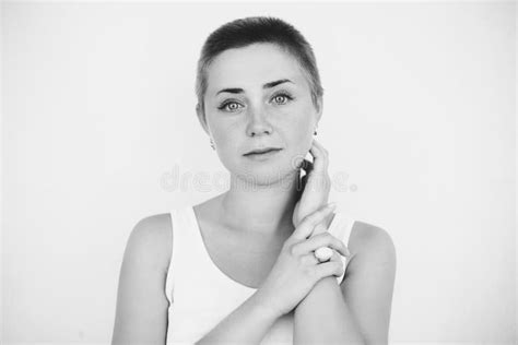 Black And White Portrait Of Authentic Short Haired Girl Stock Image Image Of Female Beauty