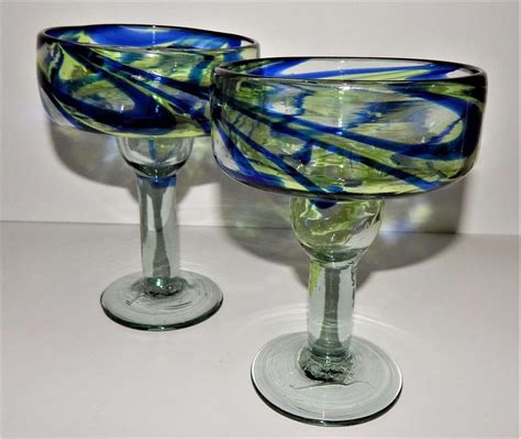2 Stemmed Margarita Glasses Blue Green Swirl Design Mexican Hand Blown Glass Hand Blown Glass