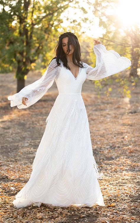 Romantic Boho Wedding Dress With Lace Bell Sleeves Jett Boho Wedding Gowns Boho Wedding