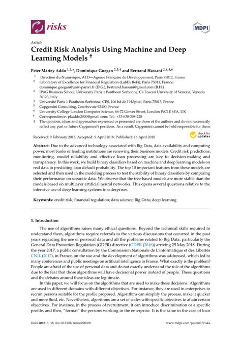 It means that the creditor who extended the debt to the borrower will not be able to receive the principal and. (PDF) Credit Risk Analysis Using Machine and Deep Learning ...