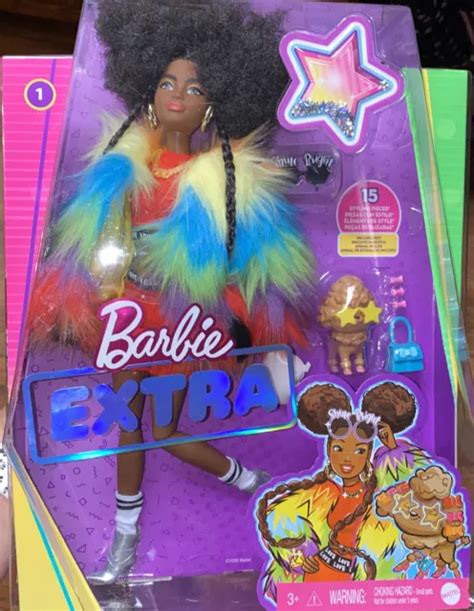 Barbie Extra Doll African American 1 Rainbow Furry Coat Pet Poodle