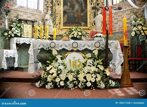 Altar In The Church Prepared For The First Communion Stock Photo