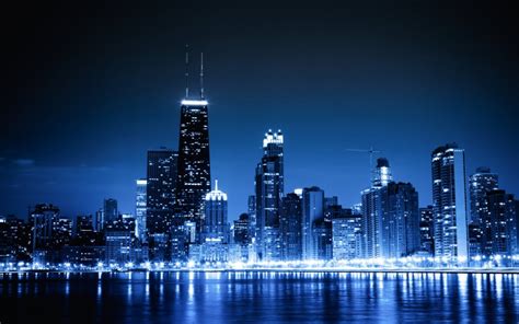Blue Cityscapes Chicago Night Lights Urban