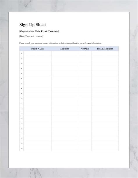 Editable Sign Up Sheet Printable Event Sheet Email List Etsy