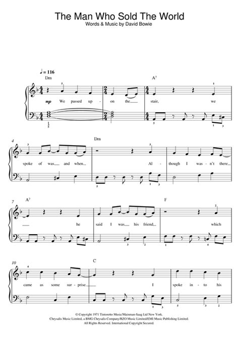 The Man Who Sold The World piano sheet music by David Bowie - Easy Piano