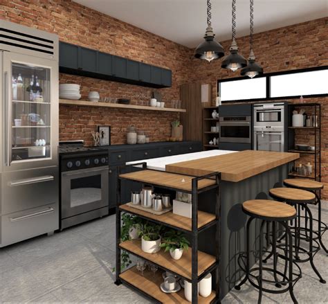 Black And Brick Industrial Kitchen Design Foyr