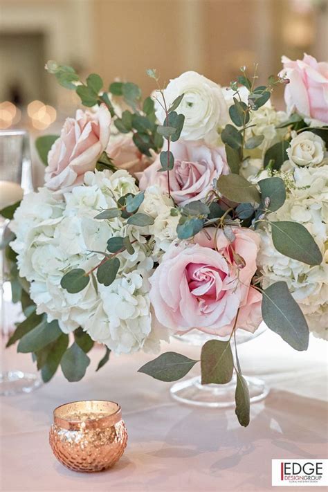 Pink Rose And White Hydrangea Wedding Centerpiece Flower Centerpieces