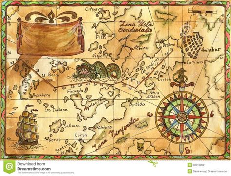 Old Pirate Map With Ship Banner And Rose Of Winds Stock Illustration