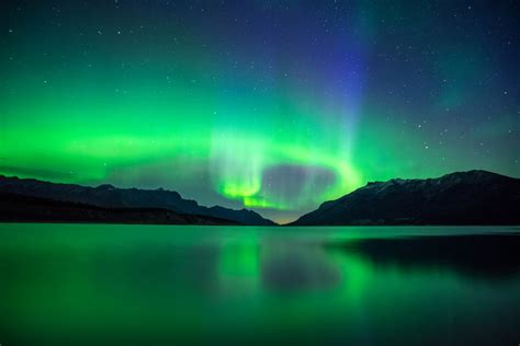 Landscape Nebula Reflection Mountains Night Lake Alberta Canada Wallpapers Hd Desktop