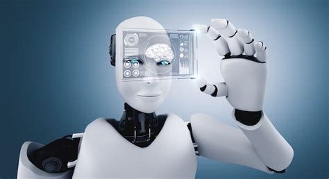 Roboter Humanoid Halten Hud Hologrammbildschirm Im Konzept Des Ki