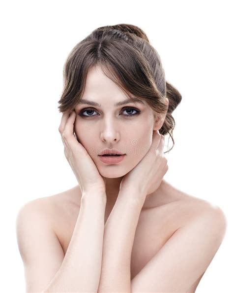 Beautiful Young Woman With Clean Healthy Skin Touch Her Face Stock
