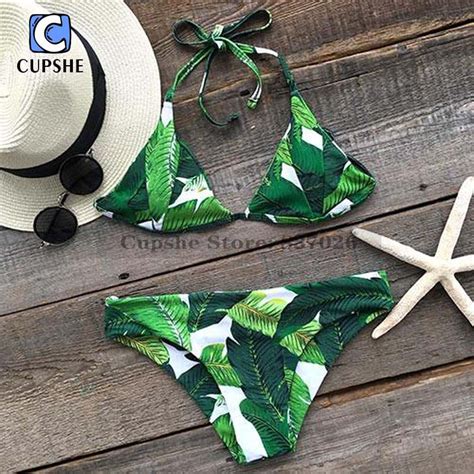 Cupshe Women Palm Leaves Printing Halter Bikini Set Women Summer Sexy