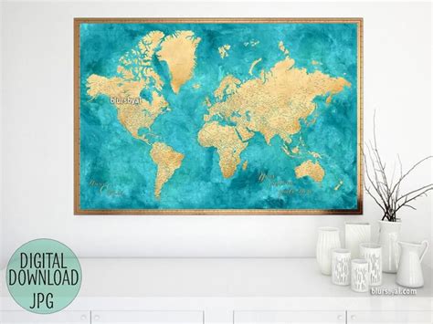 Custom Quote Gold And Teal Highly Detailed World Map Printable With