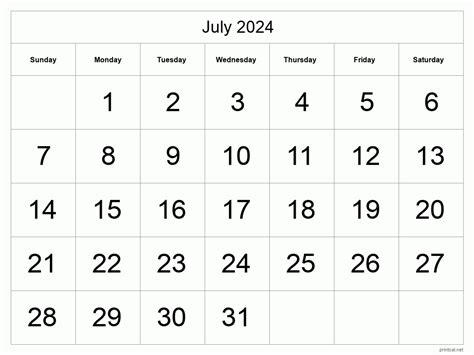 Printable July 2024 Calendar Big Dates