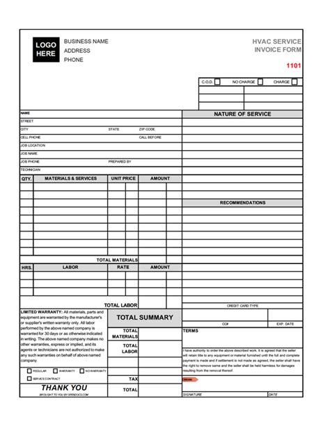 Free Air Conditioning Invoice Template Printable Templates