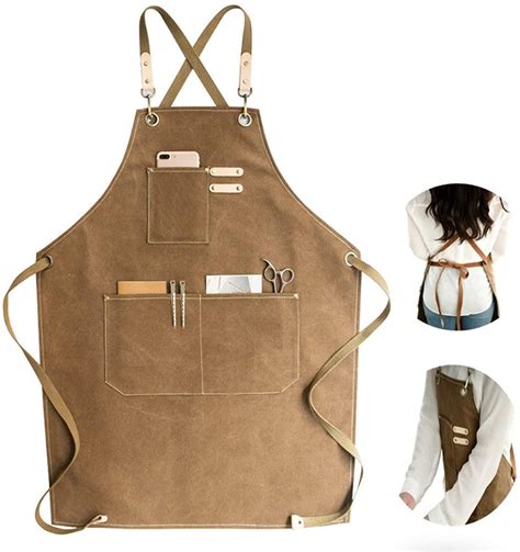Chef Apron Cotton Canvas Cross Back Adjustable Apron With Pockets For