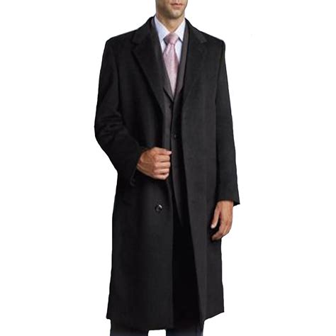 Mens Single Breasted Three Button Black Coat Full Length Wool And
