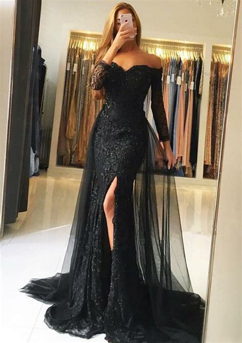 Off The Shoulder Full Long Sleeve Sweep Train Sheath Column Lace Prom Dress With Appliqued Split