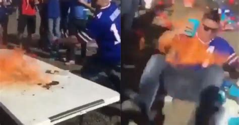 Watch This Insane Buffalo Bills Fan Set Himself On Fire During Tailgate Party Stunt Gone Wrong