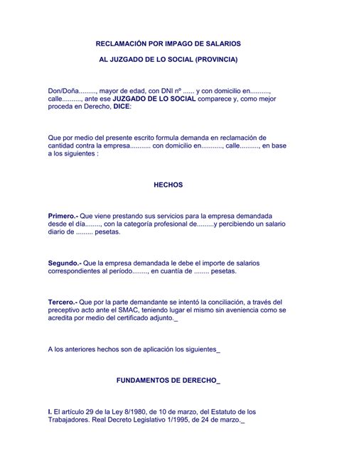 ReclamaciÓn Por Impago De Salarios Al Juzgado De Lo