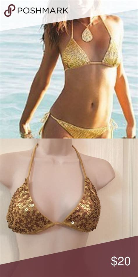 Victoria Secret Gold Sequin Triangle Bikini Top M Eye Catching Sequin
