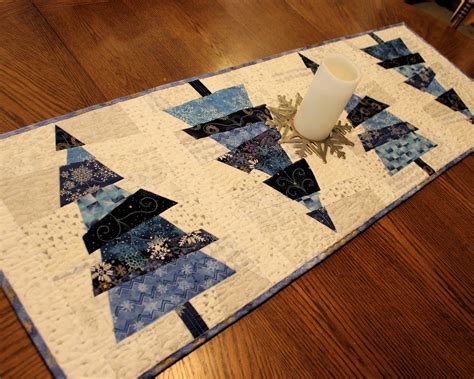 Crazy Christmas Tree Quilted Table Runner Or Wall Hanging Elegant Blue