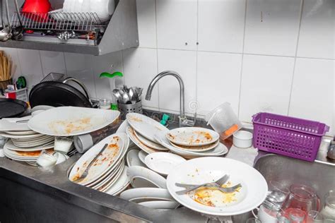 Metal Sink Full Of Dirty Dishes Crockery Tableware Stock Image