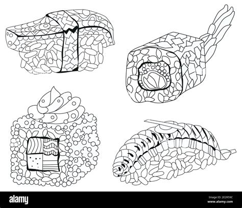 Hand Drawn Zentangle Set Of Sushi For Coloring For T Shirt And Other