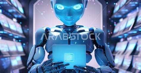 روبوتات ذكية ومتطورة، رجل آلي بعيون زرقاء يستخدم أجهزة تقنية حديثة