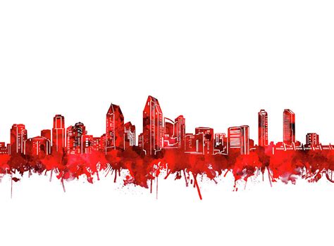 San Diego Skyline Watercolor Red Digital Art By Bekim M Fine Art America