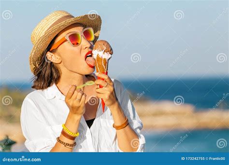 Girl Eating Ice Cream At The Sea Resort Stock Image Image Of Eating