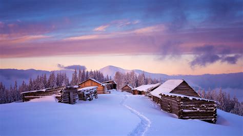 Download 1920x1080 Wallpaper Houses Winter Landscape Sunset Full Hd Hdtv Fhd 1080p
