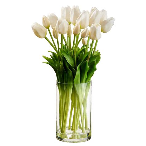 15″ Tulip In Glass Vase White Silk Flower Depot