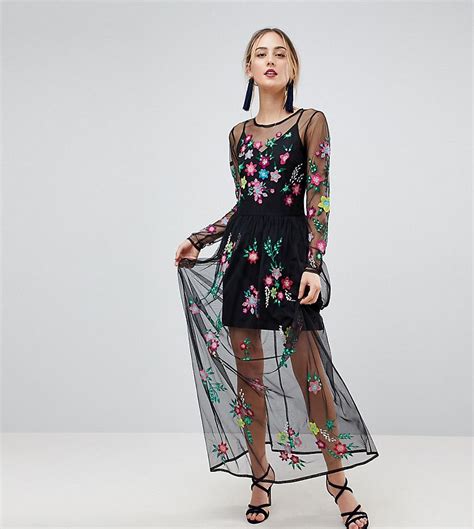 Asos Tall Premium Mesh Maxi Dress With Floral Embroidery Black Dressy